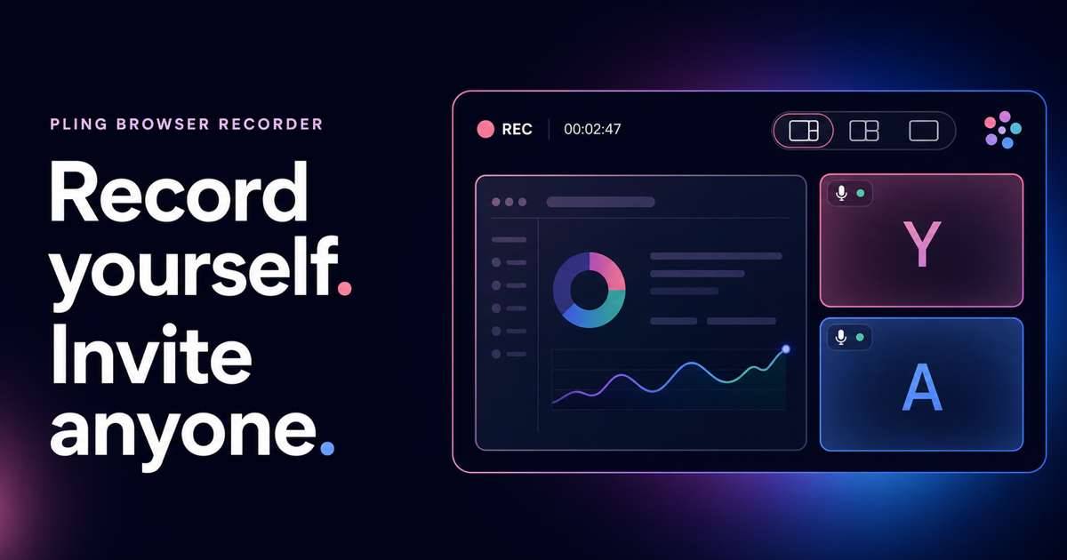 Pling browser recorder with a shared presentation, presenter, guest, timer, and layout controls